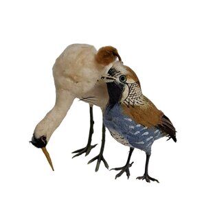 Vintage Bird Stork Quail Decoration Ornament Plastic Feet Cotton Feather Painted